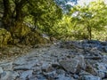 A low-level view of the trail in the Imbros Gorge near Chania, Crete on a bright sunny day Royalty Free Stock Photo