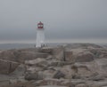 Low lying clouds along the ocean of Peggy`s Cove lighthouse