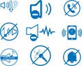 Low noise level icon, Low sound blue vector icon set.