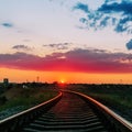 Low orange sun in clouds over railroad Royalty Free Stock Photo