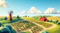 Low poly aerial view of farmland with sectioned plots, windmill, barn, and blocky crops in rows under stylized clouds Royalty Free Stock Photo