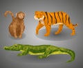 Low poly animal tropic compilation. Vector illustration set in polygonal style.