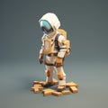 Low Poly Astronaut On Block Rustic Futurism In Wood And Amber