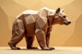 Low-poly bear model rendered in warm tones against a geometric background, showcasing detailed polygon facets and subtle shading, Royalty Free Stock Photo