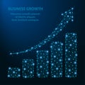 Low poly business diagram with growth arrow and bar chart made by dot and line with polygonal wireframe mesh. Vector.