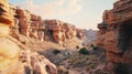 Low poly canyon landscape featuring stacked rock formations and deep shadows with a gradient sky transitioning from Royalty Free Stock Photo