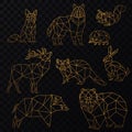 Low poly cgolden line animals set. Origami poligonal gold line animals. Wolf bear, deer, wild boar, fox, raccoon, rabbit Royalty Free Stock Photo