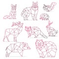 Low poly color gradient line animals set. Origami polygonal line animals.