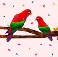 Low poly colorful red parrot bird with tree on back ground, birds on the branches ,animal geometric concept,vector