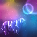 Low poly crystal polar bear. Space background with stars and planets.