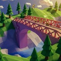 Low-poly 3D illustration featuring a red bridge with triangular truss design spanning a Royalty Free Stock Photo