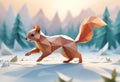 Low poly 3D render of a squirrel in a snowy winter landscape. Royalty Free Stock Photo