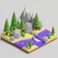 Low Poly 3 D Rendered Mountain Landscape with Green Trees and Purple River Royalty Free Stock Photo