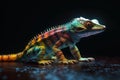 low poly 3D tokay gecko, agama, front facing, led color background, neon effect, AI generated