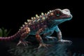 low poly 3D tokay gecko, agama, front facing, led color background, neon effect, AI generated