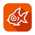 Low Poly Dead Fish Icon. White silhouette on orange background