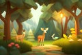 Low poly:fairy green forest with animals, Ai generated