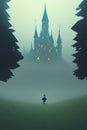Low poly:fairytale mystic forest and a castle in it, Ai generated