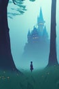 Low poly:fairytale mystic forest and a castle in it, Ai generated