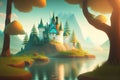 Low poly:fairytale mystic forest and a castle in it, Ai generated