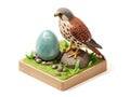 Low Poly Falcon and Egg Sitting on Ground with Green Grass Base Royalty Free Stock Photo
