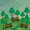 Low poly forest with trees and benches