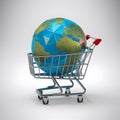 Low poly global depicted on white background within shopping cart