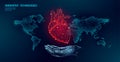 Low poly heart health day. Global world map cardiac awareness medicine banner anatomical health blood system test