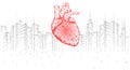 Low poly heart urban health day. Global cardiac awareness medicine banner cityscape city stress situation. Doctor online