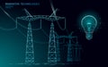 Low poly high voltage power line idea bulb. Electricity supply industry pylons outlines on dark night blue sky