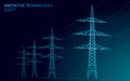 Low poly high voltage power line silhouette. Electricity supply industry pylons outlines on dark night blue sky