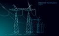 Low poly high voltage power line silhouette. Electricity supply industry pylons outlines on dark night blue sky Royalty Free Stock Photo