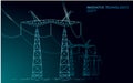 Low poly high voltage power line silhouette. Electricity supply industry pylons outlines on dark night blue sky