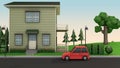 low poly house and red car on the road cartoon style 3d render