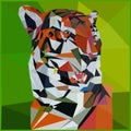 Low poly illustration of a tiger on a green background, close up triangulation