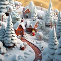 Low poly illustration of a village covered in heavy snow on a sunny day.