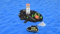 Low Poly island with lighthouse, steamship, illustration, 3d rendering