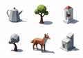Low poly isometric objects including fox tree buildings and teapot Royalty Free Stock Photo