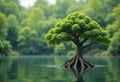 Low Poly Lake Tree Tree rooted in Lake with a Blurred Green Forest, Low Poly Design Royalty Free Stock Photo