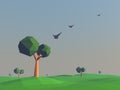 Low poly landscape with fields and trees. Nature