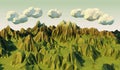 Low Poly Landscape of Green Mountain Range and Clouds