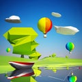 Low poly landscape with a river boat and balloons