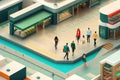 Low poly:large shopping complex with peoples, AI generated