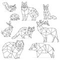 Low poly line animals set. Origami poligonal line animals. Wolf bear deer wild boar fox raccoon rabbit hedgehog.