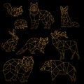 Low poly luxury golden line animals set. Origami poligonal gold line animals. Wolf bear, deer, wild boar, fox, raccoon Royalty Free Stock Photo