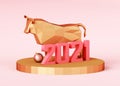 Low poly Metallic Bull on a stand with the number 2021, a symbol of the new year
