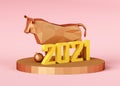 Low poly Metallic Bull on a stand with the number 2021