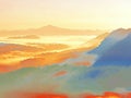 Low poly. Misty awakening in a beautiful hills. Peaks of hills are sticking out from fog