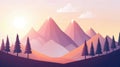 Low poly mountain landscape at sunrise with gradient lighting and stylized trees on sloped terrain Royalty Free Stock Photo
