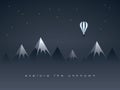 Low poly mountains night landscape and flying balloon vector background with stars in the sky. Symbol of exploration